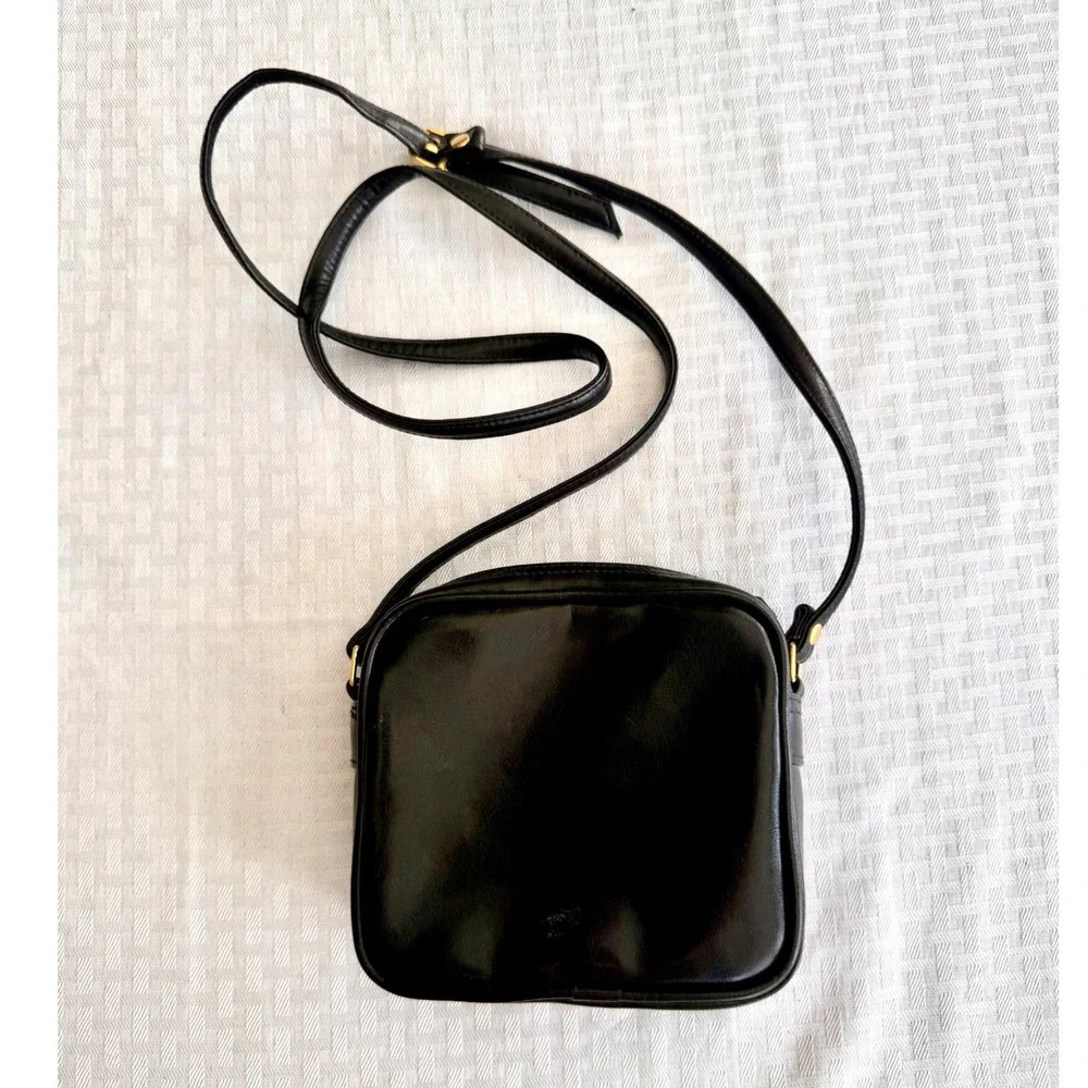 Vintage Black Faux Leather Crossbody Bag Square‎ Camera Bag Gold Hardware